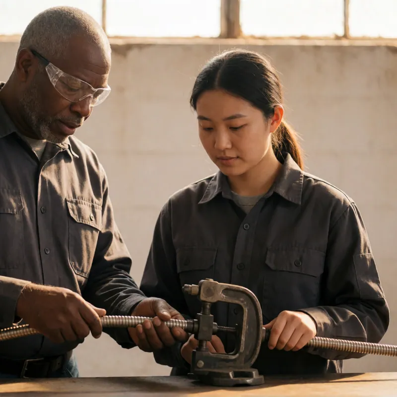 An electrician teaching an apprentice to bend conduit at Woodside Electric Services in Woodside, New York