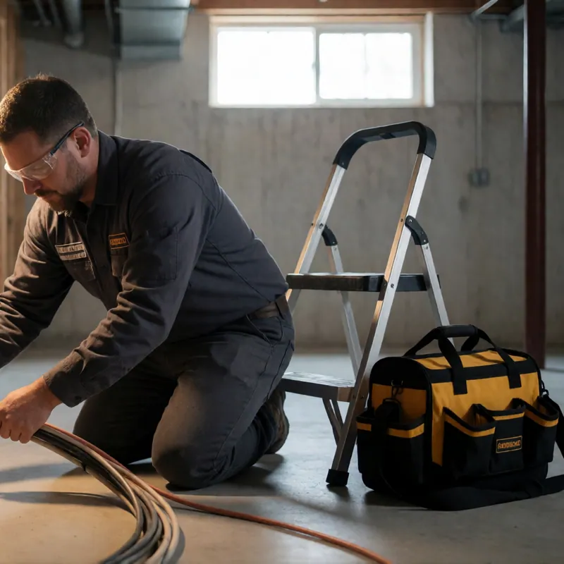 An electrician dressing a cable run in a basement in Woodside, New York