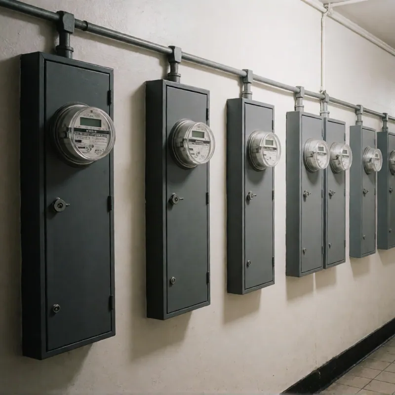 A row of meter enclosures in a small apartment building in Queens, New York