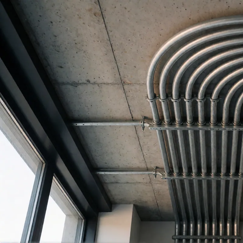 Parallel conduit runs with matched bends on a ceiling in Queens, New York