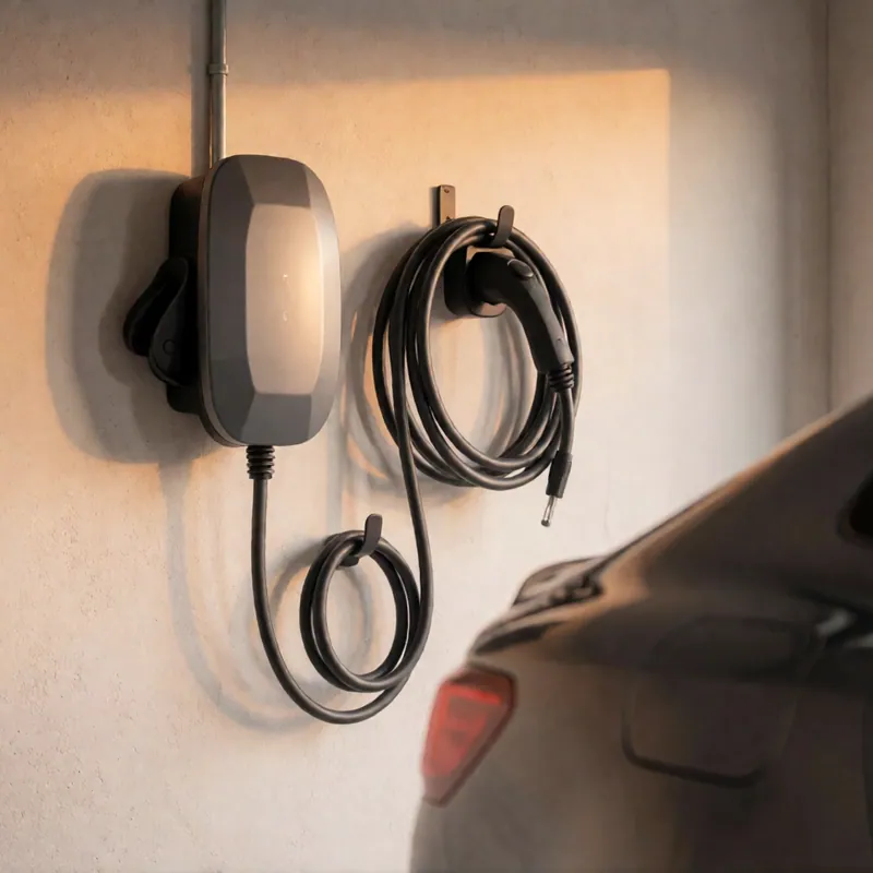 An electric vehicle charger installed in a garage in Woodside, New York
