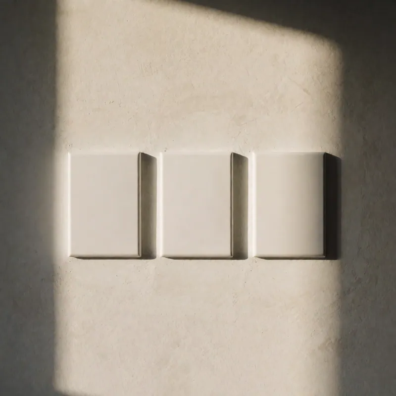 Three faceplates set at matched heights on a wall in Woodside, New York