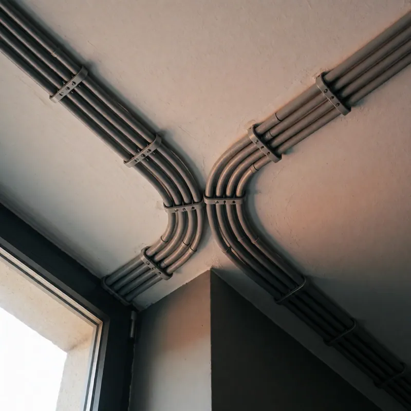 A conduit run turning a ceiling corner in Queens, New York
