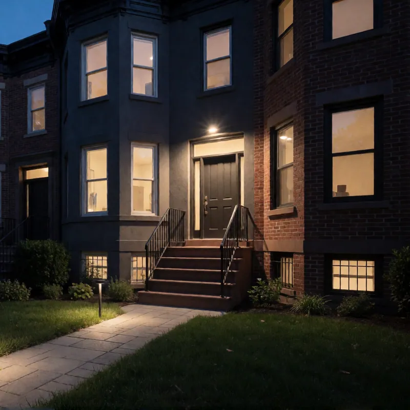 Exterior lighting on a Woodside stoop and path at dusk, Queens, New York